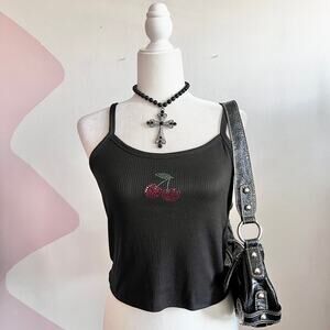 Black Cherry Rhinestone Tank Top Y2K 2000s Retro Indie Sleaze Medium